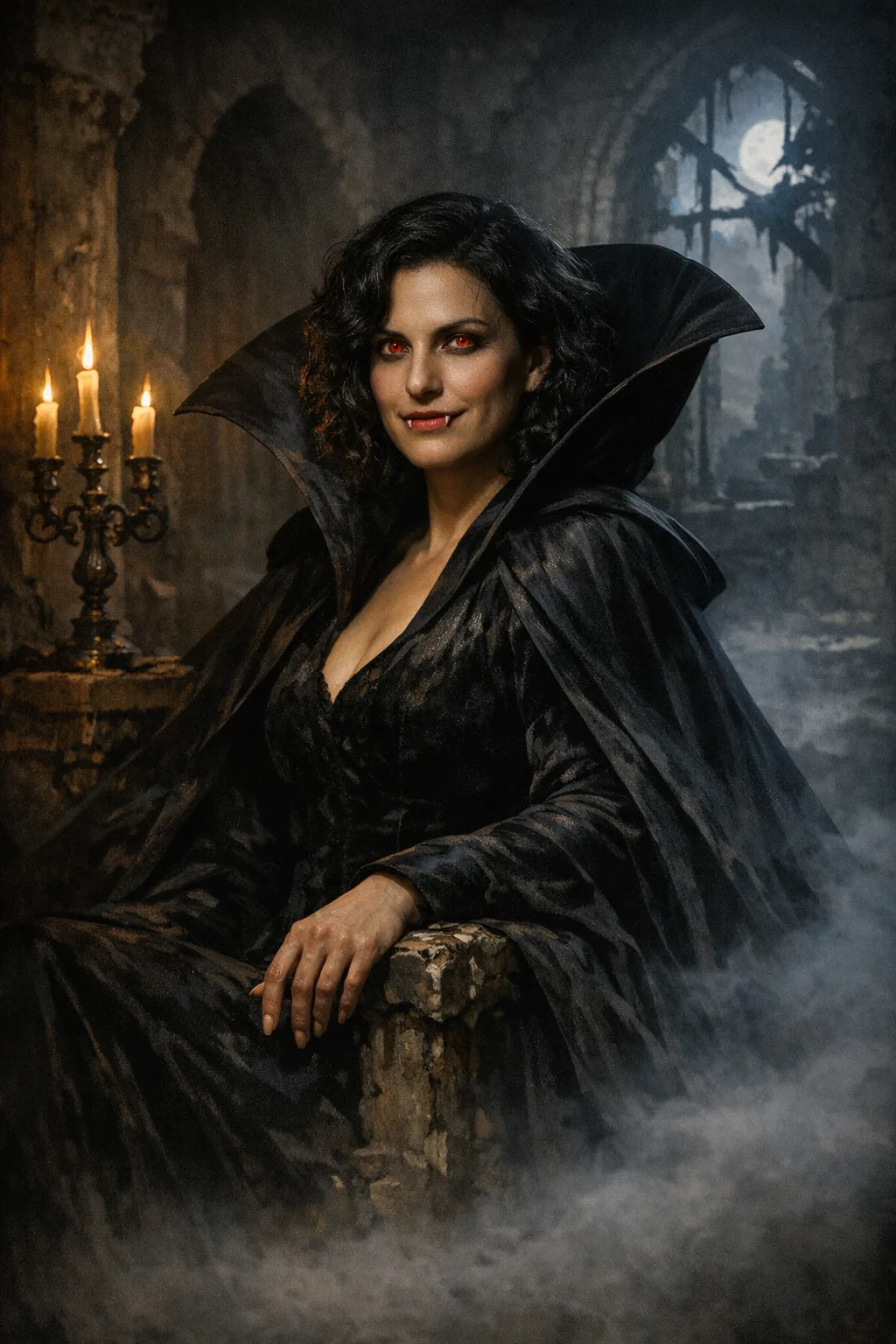 Mara rendered as The Vampire: Bloodless aristocrat, black cape, candle light