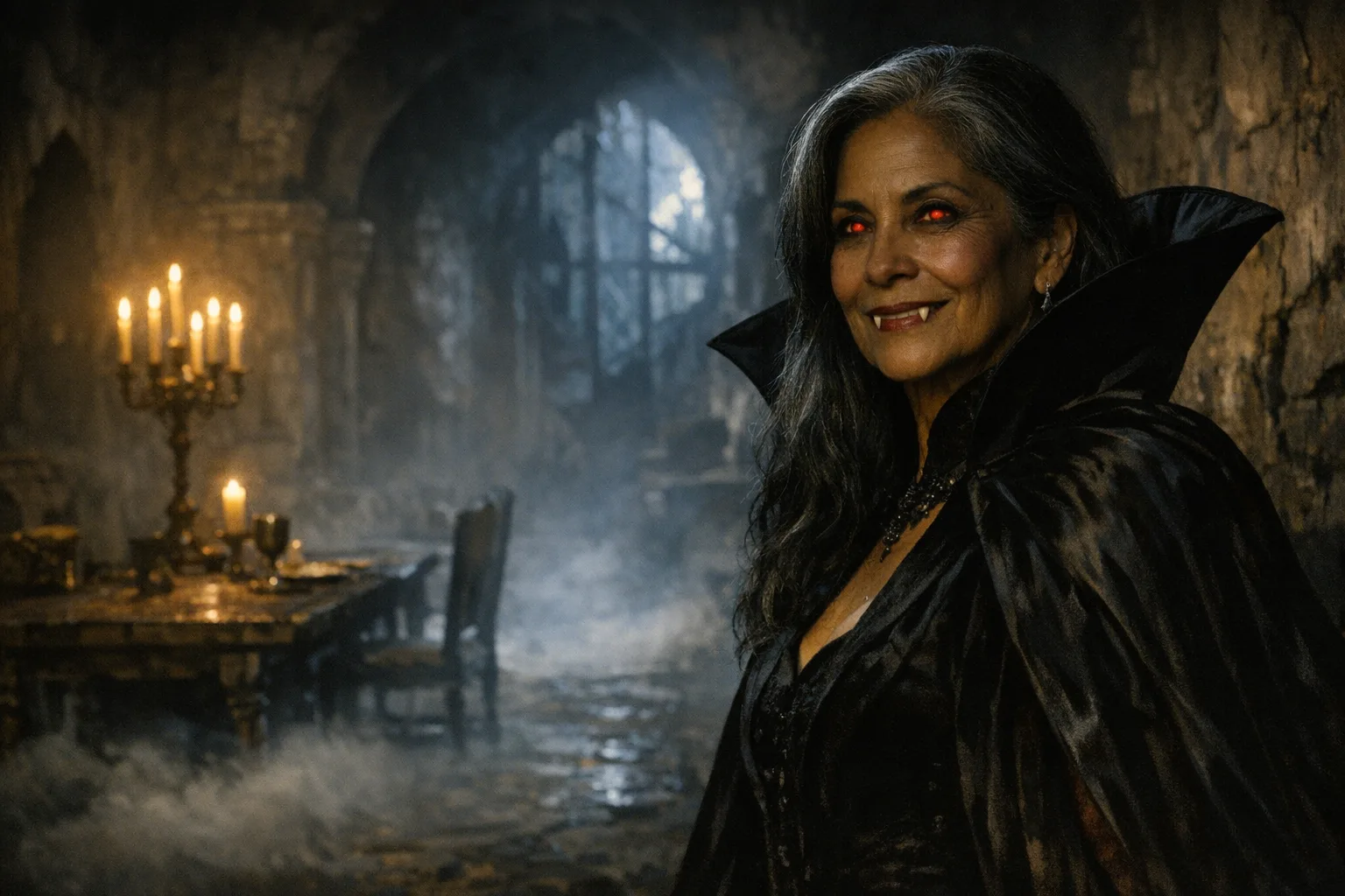 Rosa rendered as a The Vampire film still: You are the count, ancient and awake