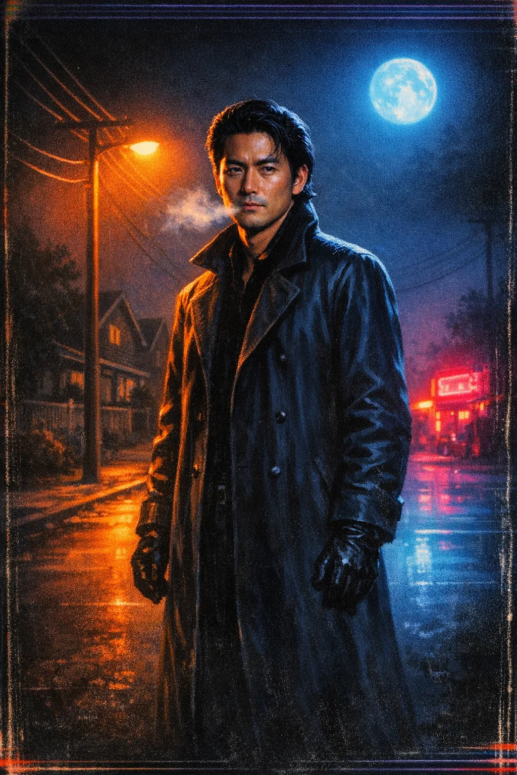 Kenji rendered as VHS Slasher 1984: Airbrushed rental-shop cover art, night, chrome