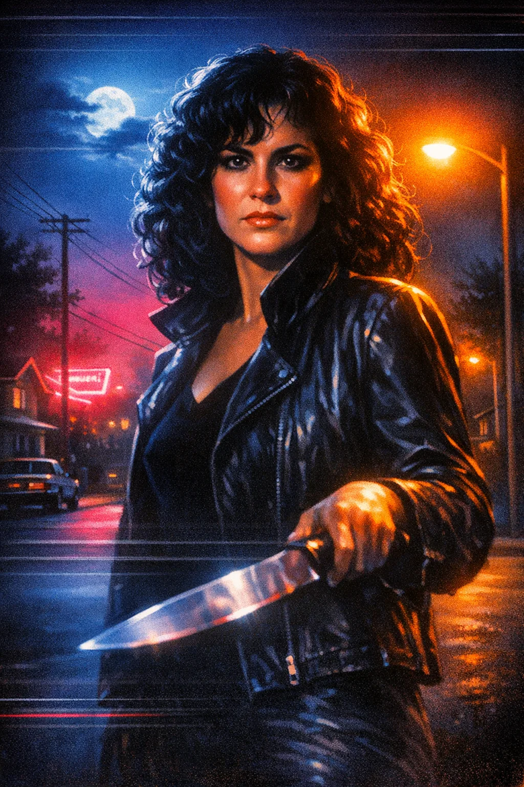 Mara rendered as VHS Slasher 1984: Airbrushed rental-shop cover art, night, chrome