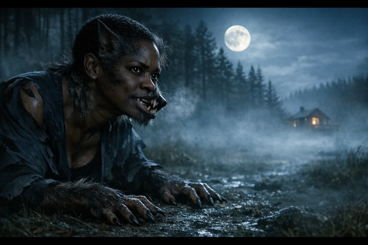 Imani rendered as a The Werewolf film still: You are the change, under a full moon