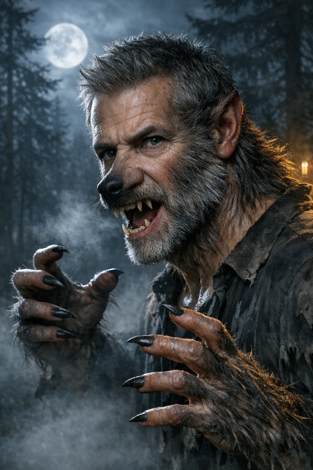 Silas rendered as The Werewolf: Mid-transformation, moonlit pine, practical fur